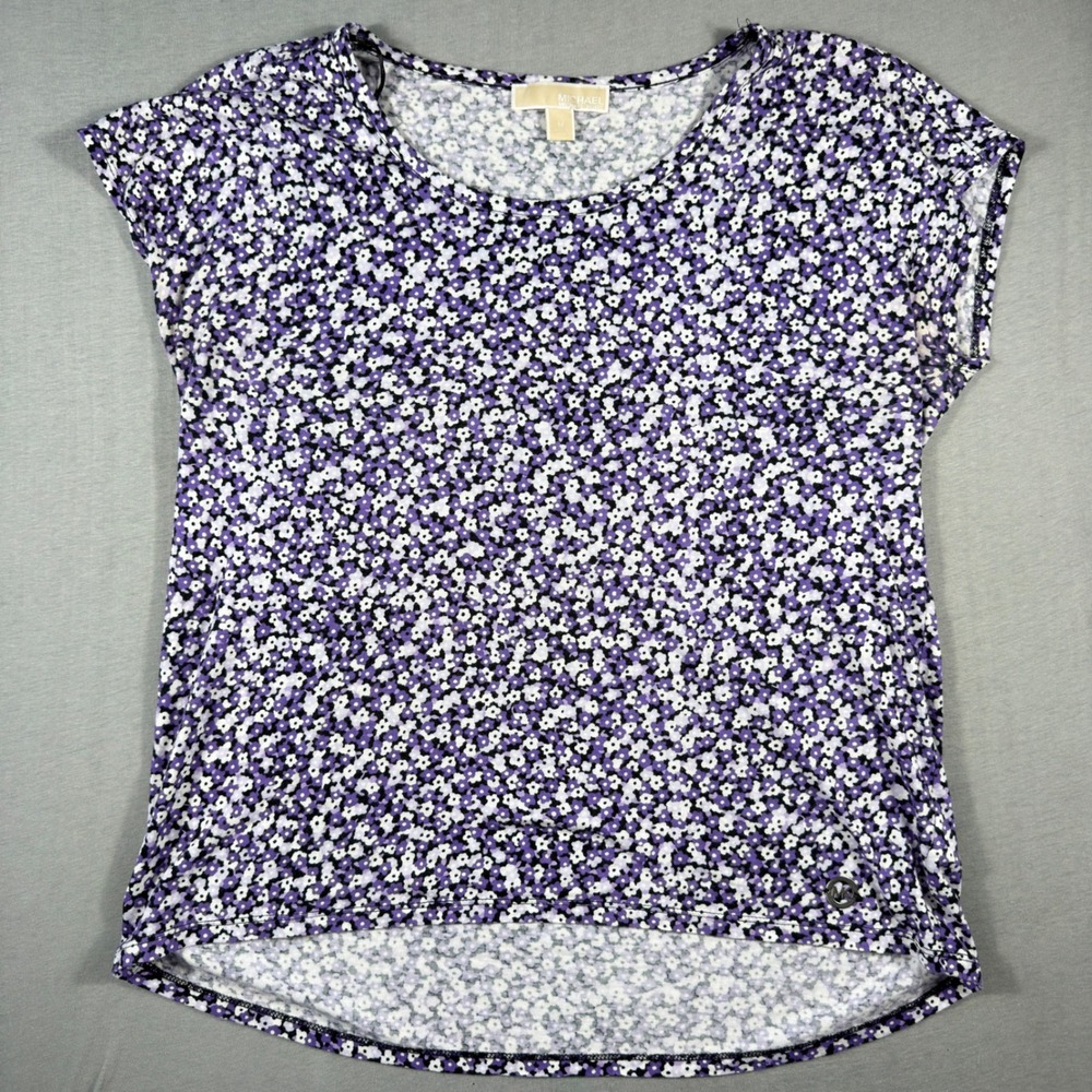 Michael Michael Kors Purple Floral Cotton Modal Scoop Neck Top Medium